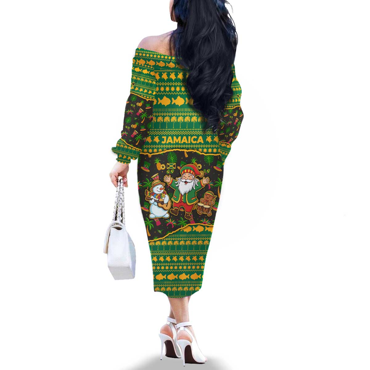Jamaica Christmas Family Matching Off The Shoulder Long Sleeve Dress and Hawaiian Shirt with Rasta Santa Snowman Gingerbread Drummer Palm Trees and Green Yellow Knit Pattern Design - Wonder Print Shop