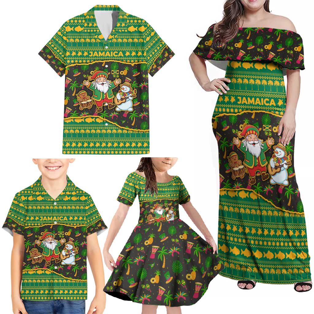 Jamaica Christmas Family Matching Off Shoulder Maxi Dress and Hawaiian Shirt with Rasta Santa Snowman Gingerbread Drummer Palm Trees and Green Yellow Knit Pattern Design - Wonder Print Shop