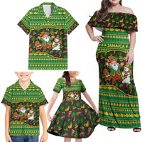 Jamaica Christmas Family Matching Off Shoulder Maxi Dress and Hawaiian Shirt with Rasta Santa Snowman Gingerbread Drummer Palm Trees and Green Yellow Knit Pattern Design - Wonder Print Shop