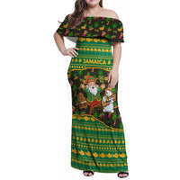 Jamaica Christmas Family Matching Off Shoulder Maxi Dress and Hawaiian Shirt with Rasta Santa Snowman Gingerbread Drummer Palm Trees and Green Yellow Knit Pattern Design - Wonder Print Shop