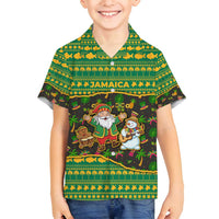 Jamaica Christmas Family Matching Off Shoulder Maxi Dress and Hawaiian Shirt with Rasta Santa Snowman Gingerbread Drummer Palm Trees and Green Yellow Knit Pattern Design - Wonder Print Shop