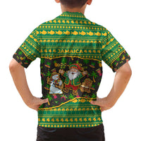 Jamaica Christmas Family Matching Off Shoulder Short Dress and Hawaiian Shirt with Rasta Santa Snowman Gingerbread Drummer Palm Trees and Green Yellow Knit Pattern Design - Wonder Print Shop