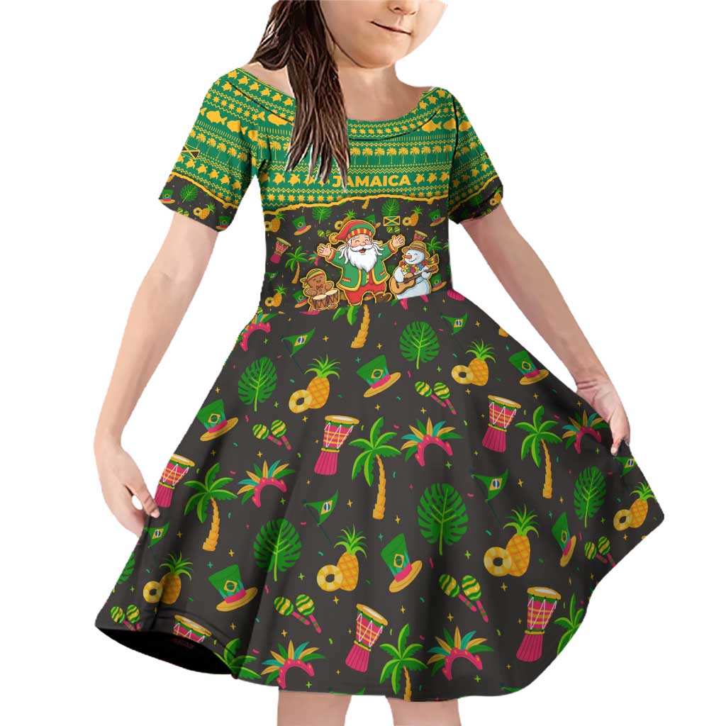 Jamaica Christmas Family Matching Off Shoulder Short Dress and Hawaiian Shirt with Rasta Santa Snowman Gingerbread Drummer Palm Trees and Green Yellow Knit Pattern Design - Wonder Print Shop
