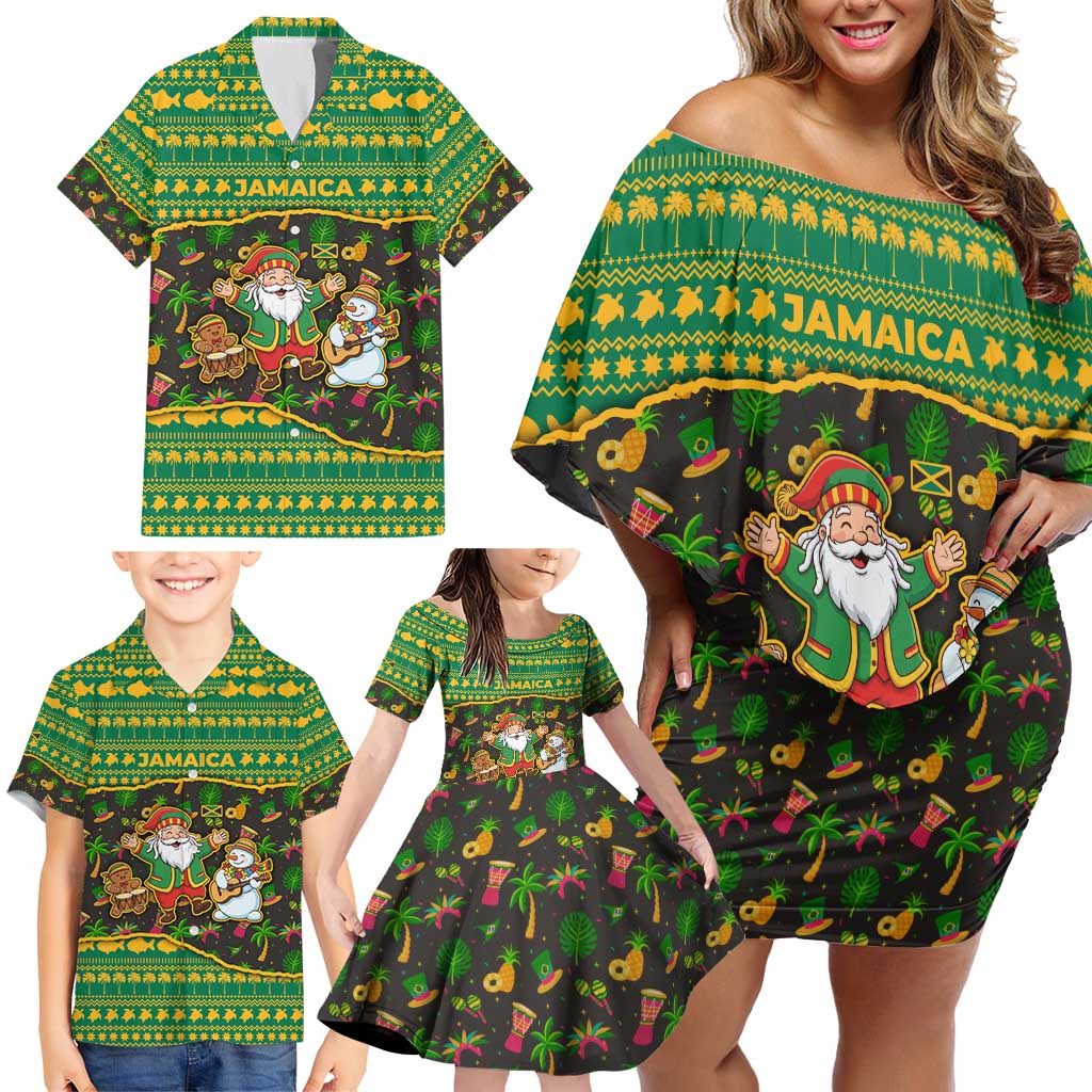 Jamaica Christmas Family Matching Off Shoulder Short Dress and Hawaiian Shirt with Rasta Santa Snowman Gingerbread Drummer Palm Trees and Green Yellow Knit Pattern Design - Wonder Print Shop