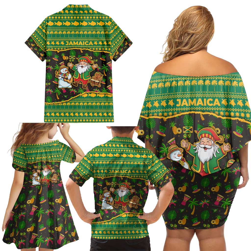 Jamaica Christmas Family Matching Off Shoulder Short Dress and Hawaiian Shirt with Rasta Santa Snowman Gingerbread Drummer Palm Trees and Green Yellow Knit Pattern Design - Wonder Print Shop