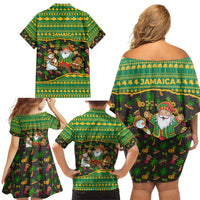 Jamaica Christmas Family Matching Off Shoulder Short Dress and Hawaiian Shirt with Rasta Santa Snowman Gingerbread Drummer Palm Trees and Green Yellow Knit Pattern Design - Wonder Print Shop