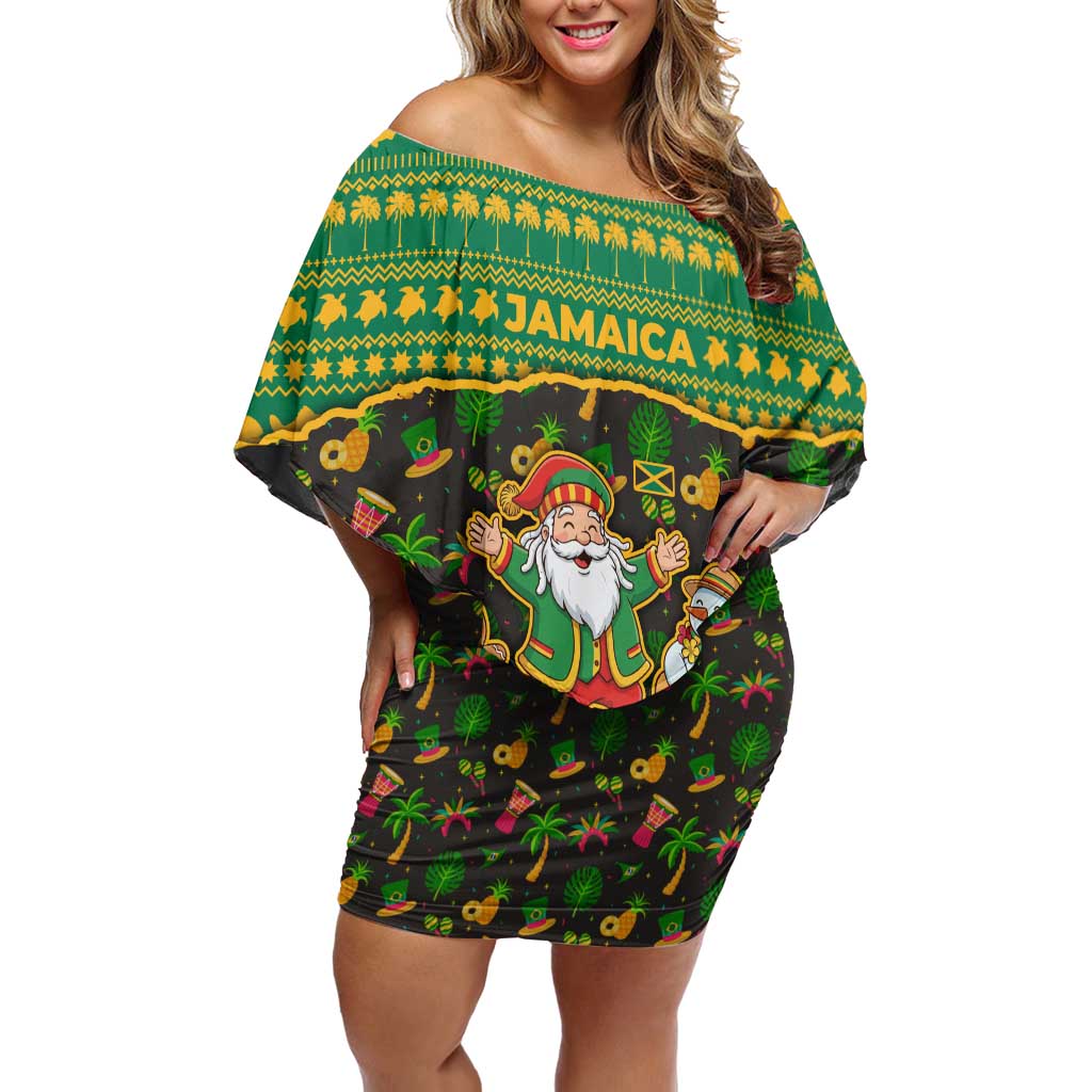 Jamaica Christmas Family Matching Off Shoulder Short Dress and Hawaiian Shirt with Rasta Santa Snowman Gingerbread Drummer Palm Trees and Green Yellow Knit Pattern Design - Wonder Print Shop