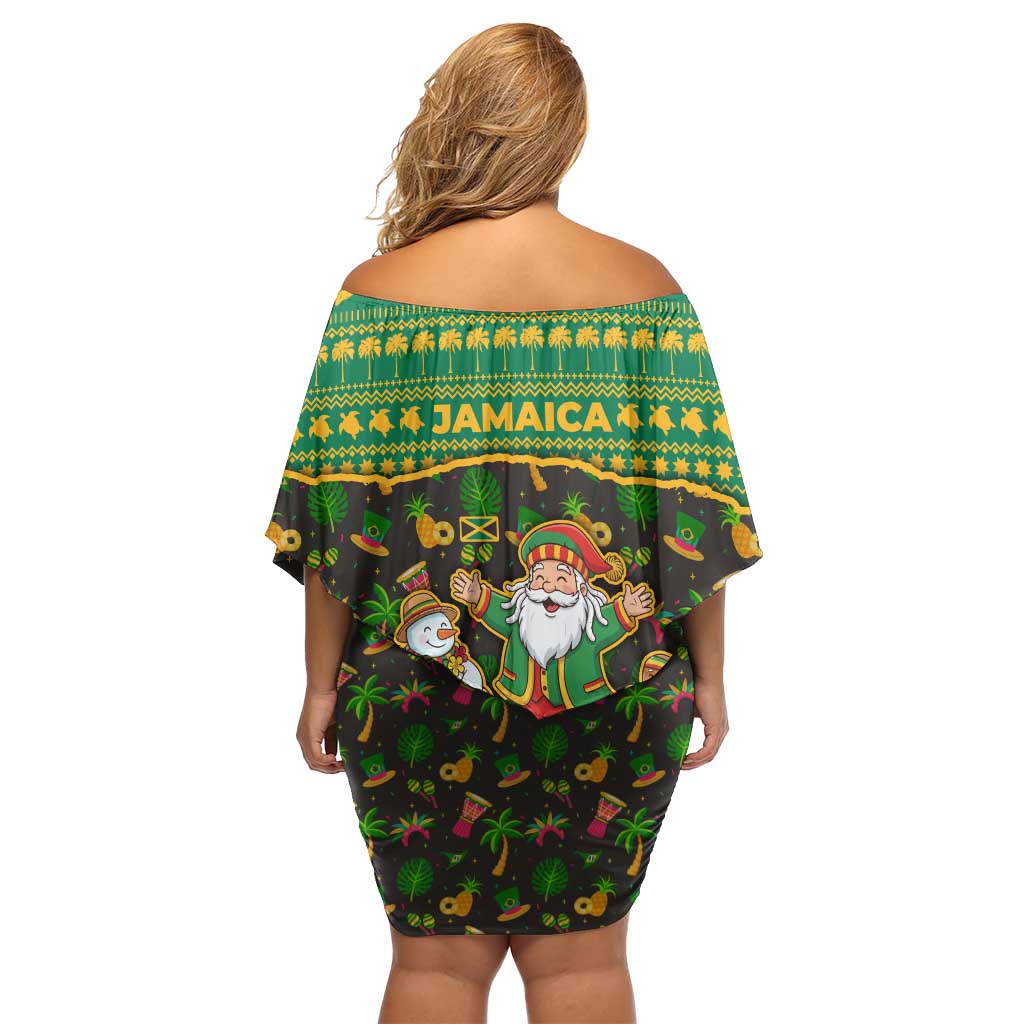 Jamaica Christmas Family Matching Off Shoulder Short Dress and Hawaiian Shirt with Rasta Santa Snowman Gingerbread Drummer Palm Trees and Green Yellow Knit Pattern Design - Wonder Print Shop