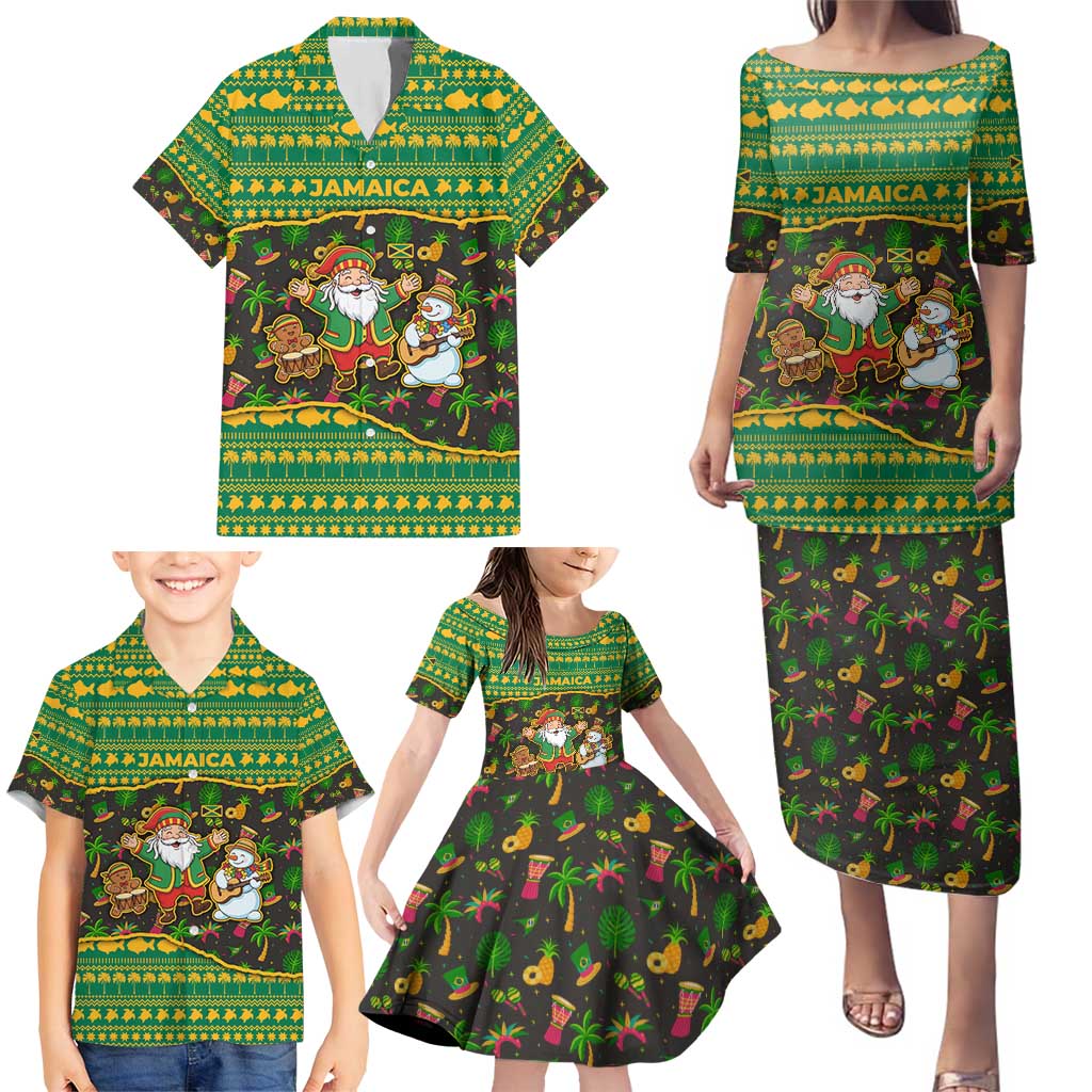 Jamaica Christmas Family Matching Puletasi and Hawaiian Shirt with Rasta Santa Snowman Gingerbread Drummer Palm Trees and Green Yellow Knit Pattern Design - Wonder Print Shop