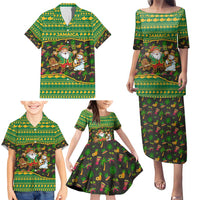 Jamaica Christmas Family Matching Puletasi and Hawaiian Shirt with Rasta Santa Snowman Gingerbread Drummer Palm Trees and Green Yellow Knit Pattern Design - Wonder Print Shop
