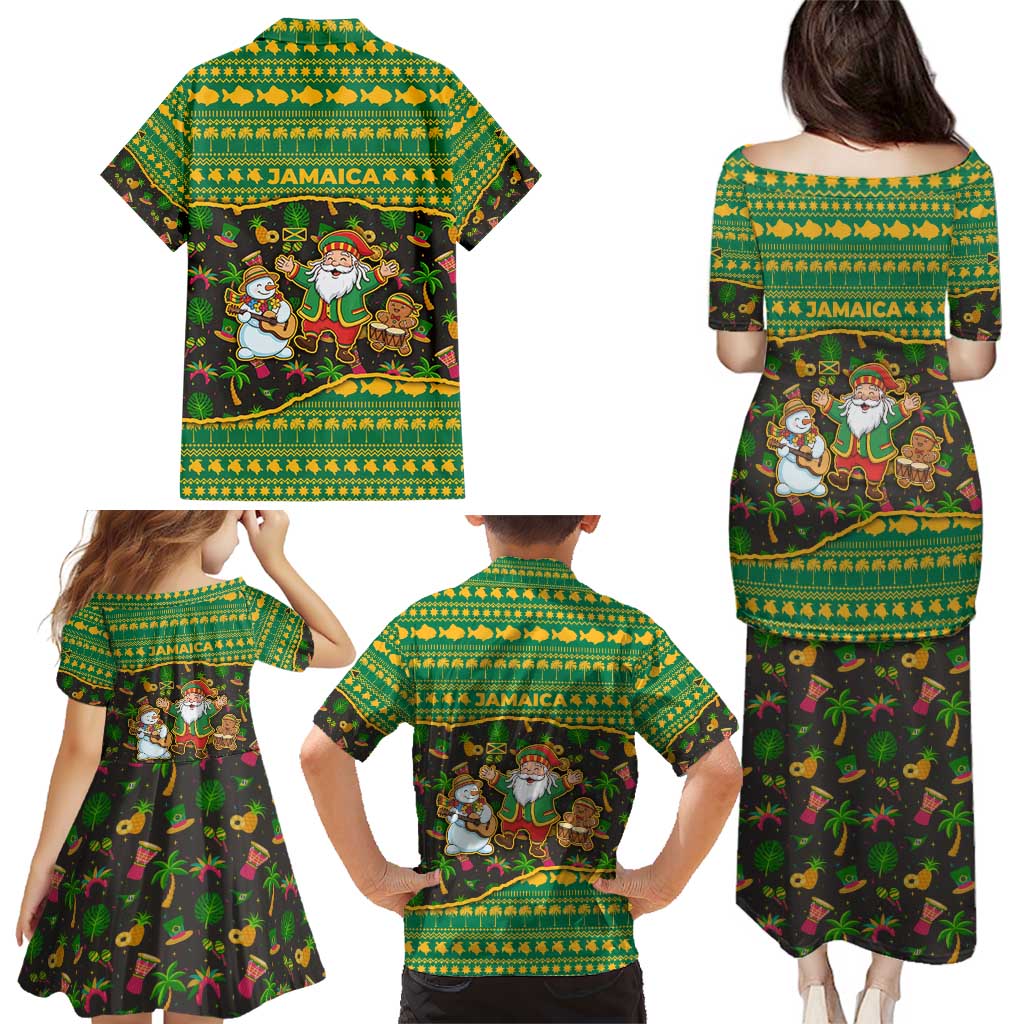 Jamaica Christmas Family Matching Puletasi and Hawaiian Shirt with Rasta Santa Snowman Gingerbread Drummer Palm Trees and Green Yellow Knit Pattern Design - Wonder Print Shop