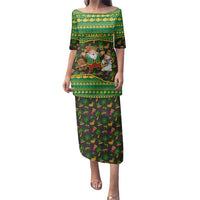 Jamaica Christmas Family Matching Puletasi and Hawaiian Shirt with Rasta Santa Snowman Gingerbread Drummer Palm Trees and Green Yellow Knit Pattern Design - Wonder Print Shop
