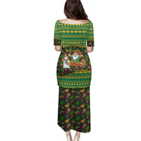 Jamaica Christmas Family Matching Puletasi and Hawaiian Shirt with Rasta Santa Snowman Gingerbread Drummer Palm Trees and Green Yellow Knit Pattern Design - Wonder Print Shop