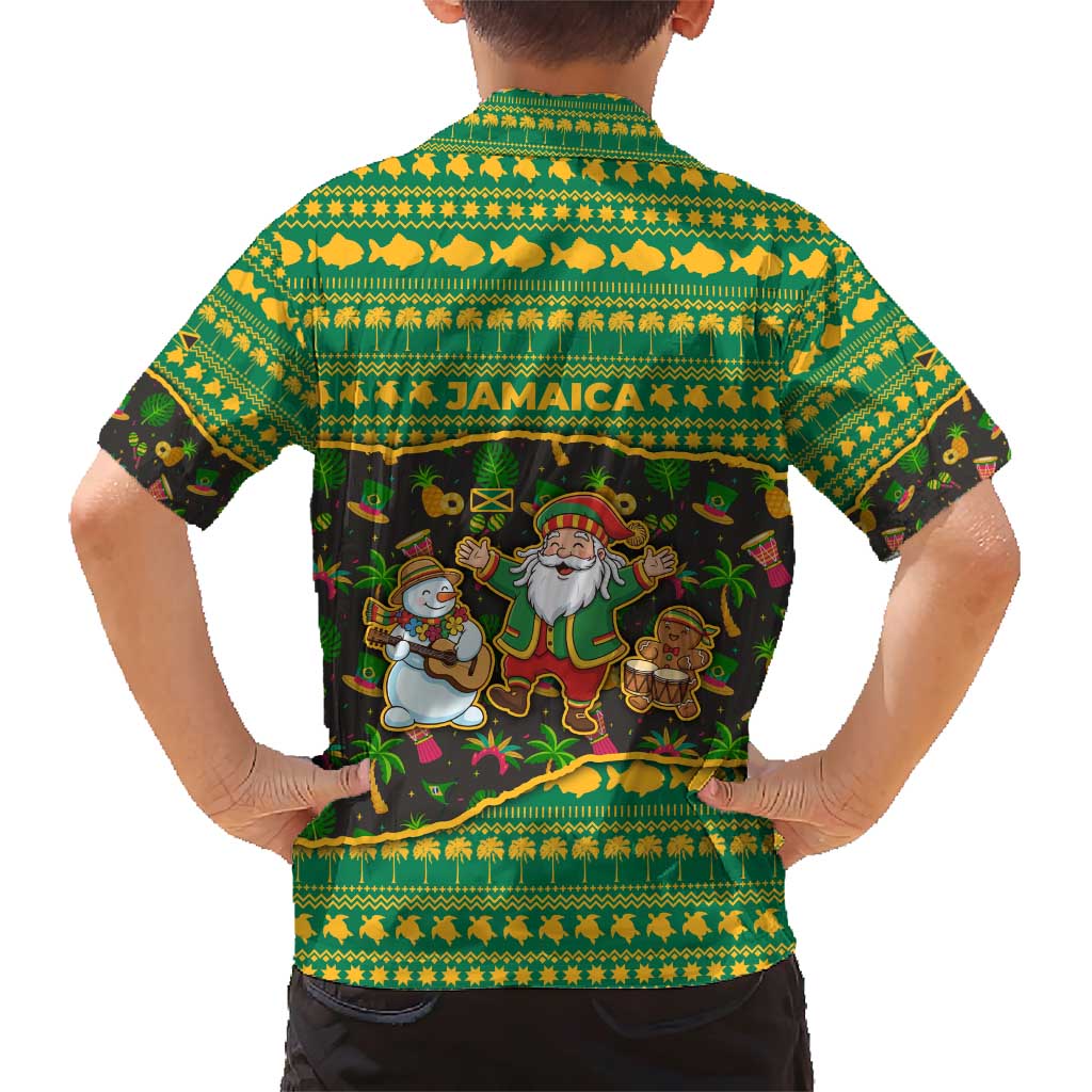 Jamaica Christmas Family Matching Short Sleeve Bodycon Dress and Hawaiian Shirt with Rasta Santa Snowman Gingerbread Drummer Palm Trees and Green Yellow Knit Pattern Design - Wonder Print Shop