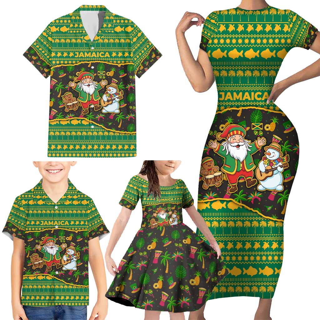 Jamaica Christmas Family Matching Short Sleeve Bodycon Dress and Hawaiian Shirt with Rasta Santa Snowman Gingerbread Drummer Palm Trees and Green Yellow Knit Pattern Design - Wonder Print Shop