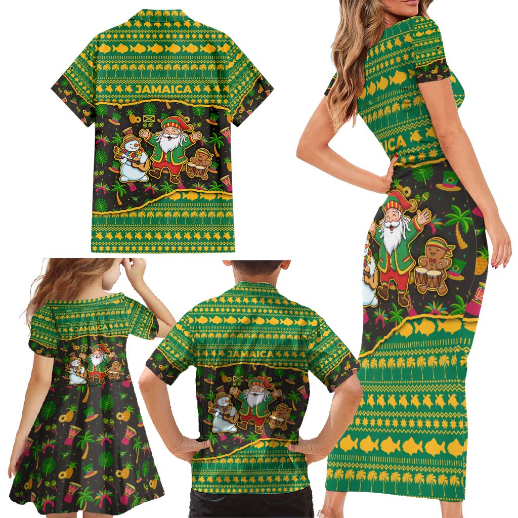 Jamaica Christmas Family Matching Short Sleeve Bodycon Dress and Hawaiian Shirt with Rasta Santa Snowman Gingerbread Drummer Palm Trees and Green Yellow Knit Pattern Design - Wonder Print Shop