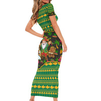 Jamaica Christmas Family Matching Short Sleeve Bodycon Dress and Hawaiian Shirt with Rasta Santa Snowman Gingerbread Drummer Palm Trees and Green Yellow Knit Pattern Design - Wonder Print Shop