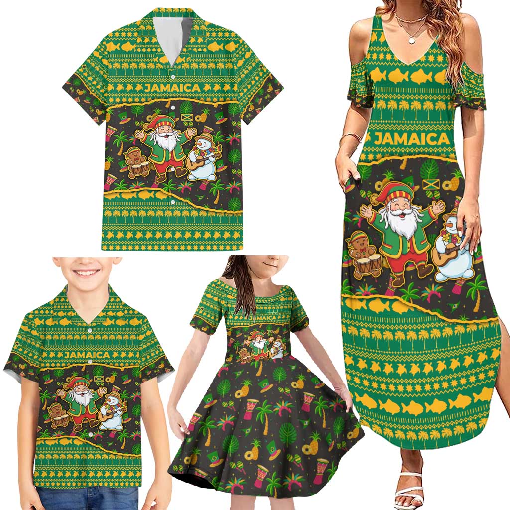Jamaica Christmas Family Matching Summer Maxi Dress and Hawaiian Shirt with Rasta Santa Snowman Gingerbread Drummer Palm Trees and Green Yellow Knit Pattern Design - Wonder Print Shop