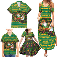 Jamaica Christmas Family Matching Summer Maxi Dress and Hawaiian Shirt with Rasta Santa Snowman Gingerbread Drummer Palm Trees and Green Yellow Knit Pattern Design - Wonder Print Shop