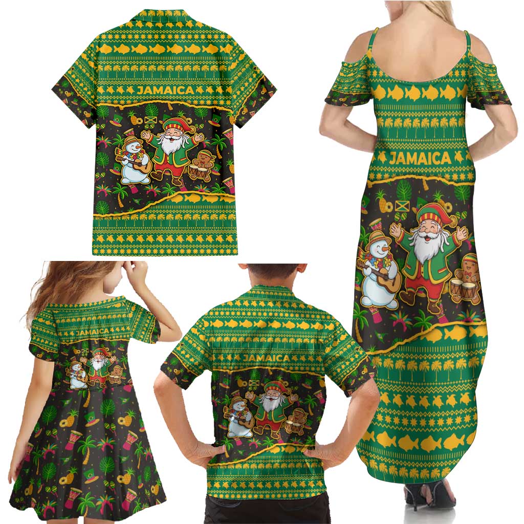 Jamaica Christmas Family Matching Summer Maxi Dress and Hawaiian Shirt with Rasta Santa Snowman Gingerbread Drummer Palm Trees and Green Yellow Knit Pattern Design - Wonder Print Shop
