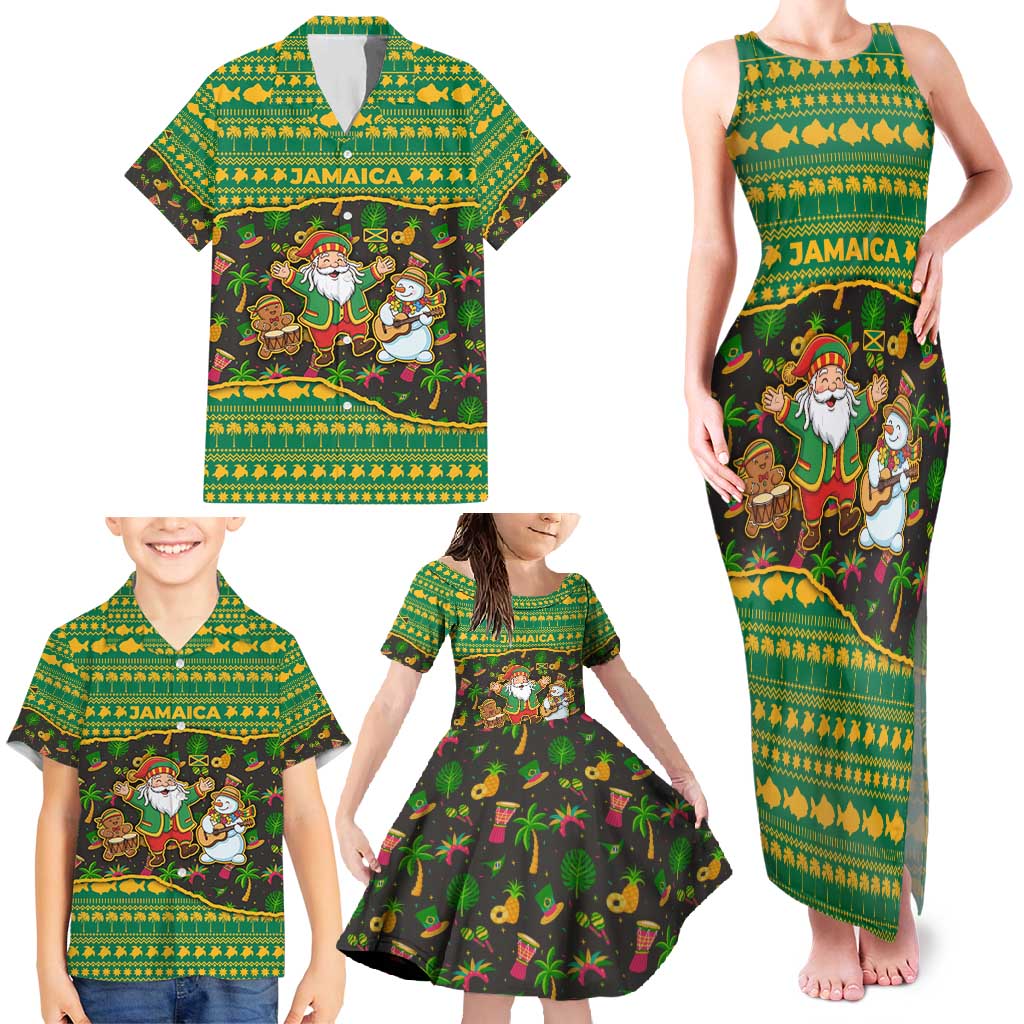 Jamaica Christmas Family Matching Tank Maxi Dress and Hawaiian Shirt with Rasta Santa Snowman Gingerbread Drummer Palm Trees and Green Yellow Knit Pattern Design - Wonder Print Shop