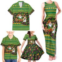 Jamaica Christmas Family Matching Tank Maxi Dress and Hawaiian Shirt with Rasta Santa Snowman Gingerbread Drummer Palm Trees and Green Yellow Knit Pattern Design - Wonder Print Shop