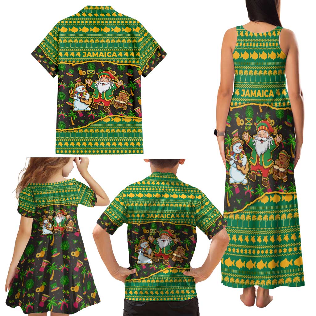 Jamaica Christmas Family Matching Tank Maxi Dress and Hawaiian Shirt with Rasta Santa Snowman Gingerbread Drummer Palm Trees and Green Yellow Knit Pattern Design - Wonder Print Shop