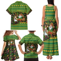 Jamaica Christmas Family Matching Tank Maxi Dress and Hawaiian Shirt with Rasta Santa Snowman Gingerbread Drummer Palm Trees and Green Yellow Knit Pattern Design - Wonder Print Shop