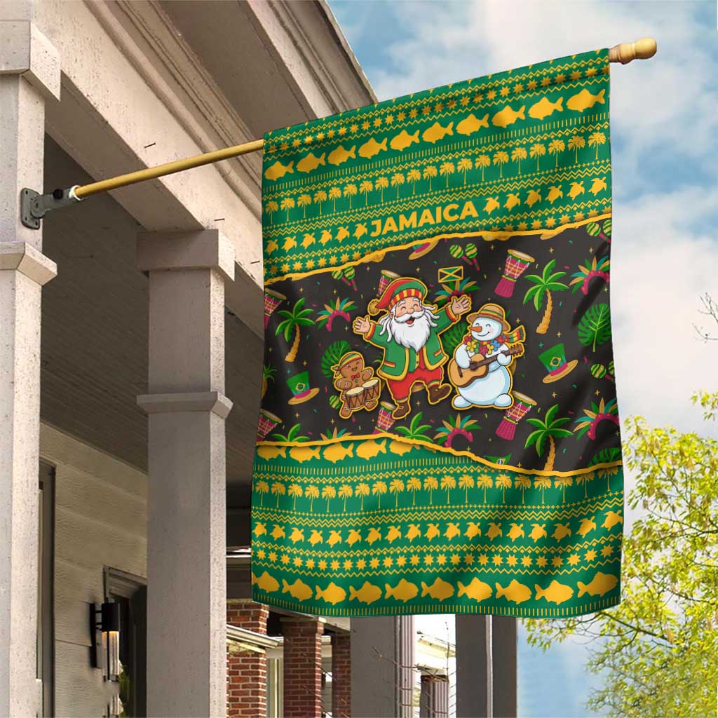 Jamaica Christmas Garden Flag with Rasta Santa Snowman Gingerbread Drummer Palm Trees and Green Yellow Knit Pattern Design - Wonder Print Shop