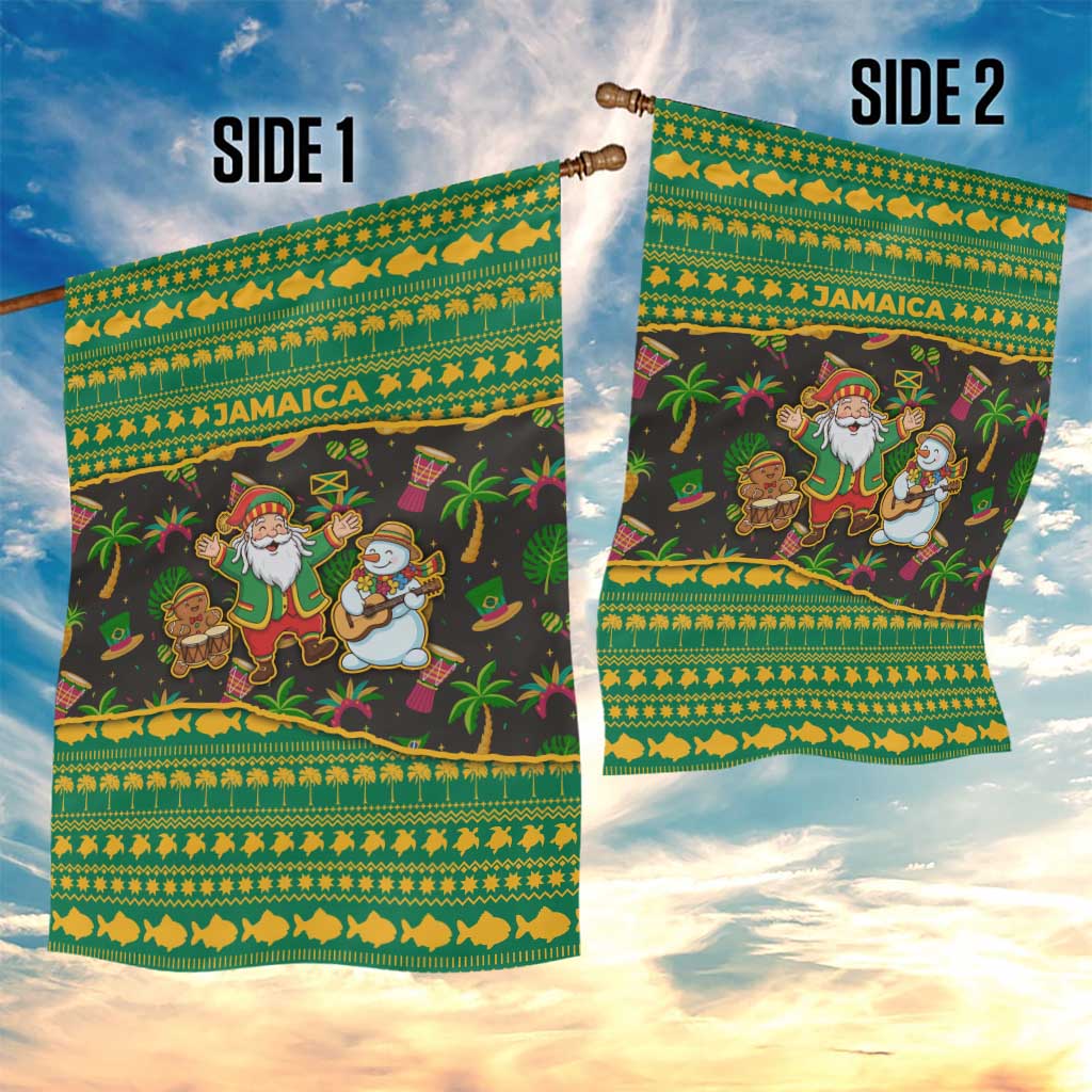 Jamaica Christmas Garden Flag with Rasta Santa Snowman Gingerbread Drummer Palm Trees and Green Yellow Knit Pattern Design - Wonder Print Shop