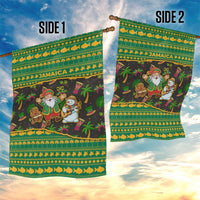 Jamaica Christmas Garden Flag with Rasta Santa Snowman Gingerbread Drummer Palm Trees and Green Yellow Knit Pattern Design - Wonder Print Shop