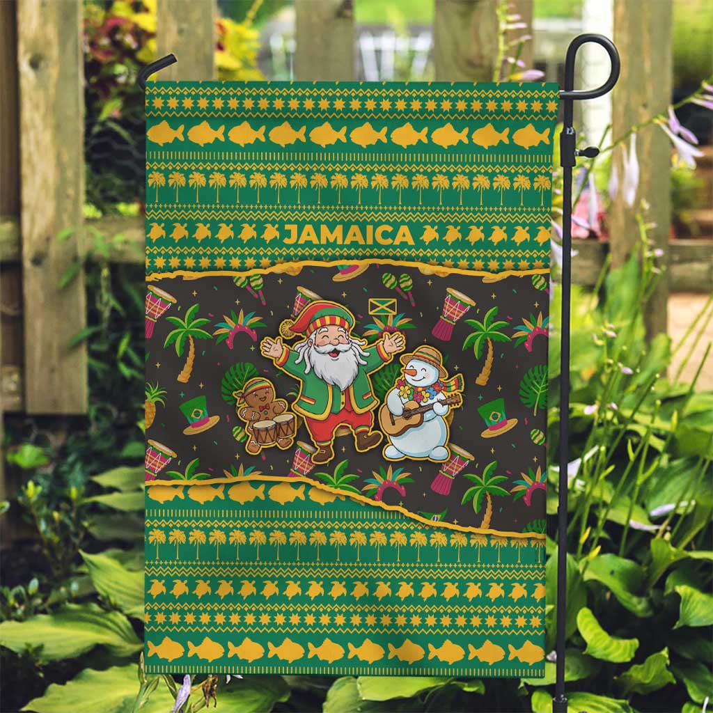 Jamaica Christmas Garden Flag with Rasta Santa Snowman Gingerbread Drummer Palm Trees and Green Yellow Knit Pattern Design - Wonder Print Shop