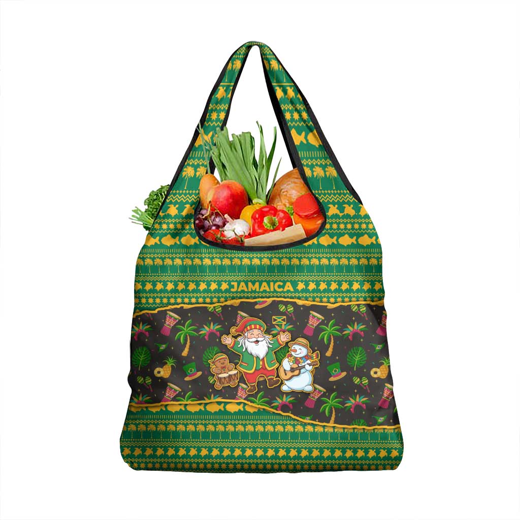 Jamaica Christmas Grocery Bag with Rasta Santa Snowman Gingerbread Drummer Palm Trees and Green Yellow Knit Pattern Design - Wonder Print Shop