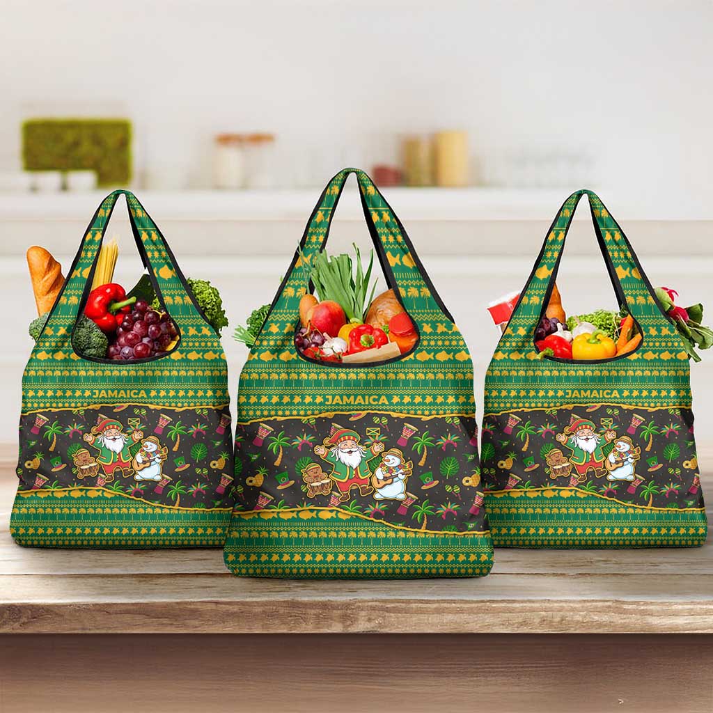 Jamaica Christmas Grocery Bag with Rasta Santa Snowman Gingerbread Drummer Palm Trees and Green Yellow Knit Pattern Design - Wonder Print Shop