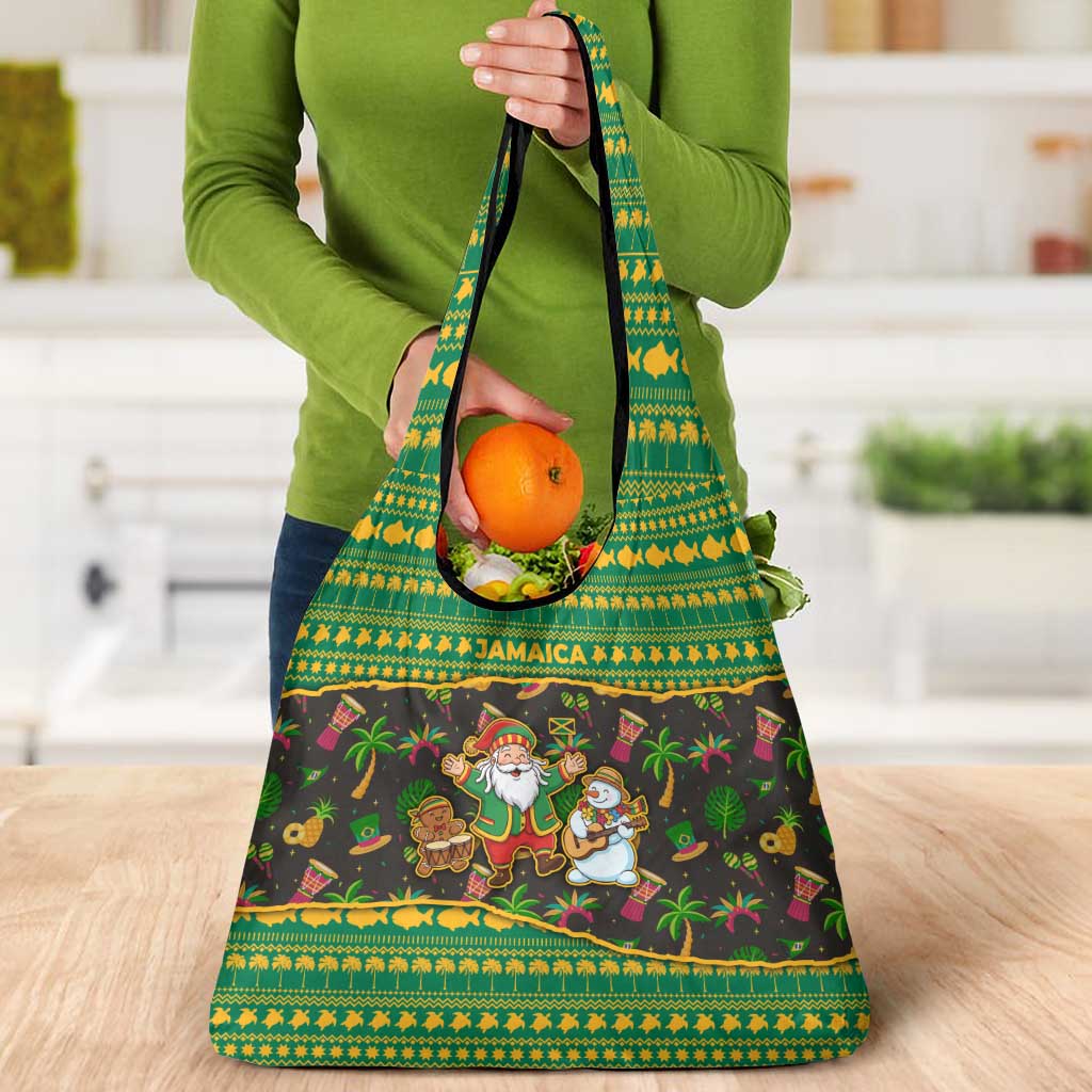 Jamaica Christmas Grocery Bag with Rasta Santa Snowman Gingerbread Drummer Palm Trees and Green Yellow Knit Pattern Design - Wonder Print Shop