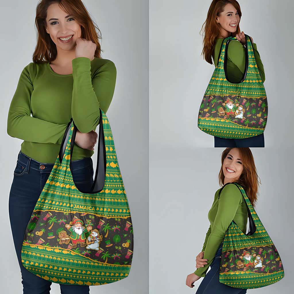 Jamaica Christmas Grocery Bag with Rasta Santa Snowman Gingerbread Drummer Palm Trees and Green Yellow Knit Pattern Design - Wonder Print Shop