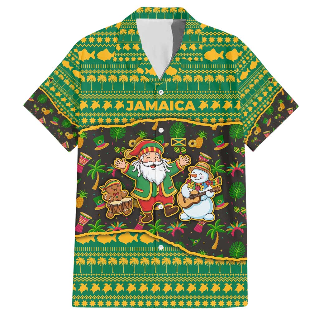 Jamaica Christmas Hawaiian Shirt with Rasta Santa Snowman Gingerbread Drummer Palm Trees and Green Yellow Knit Pattern Design - Wonder Print Shop