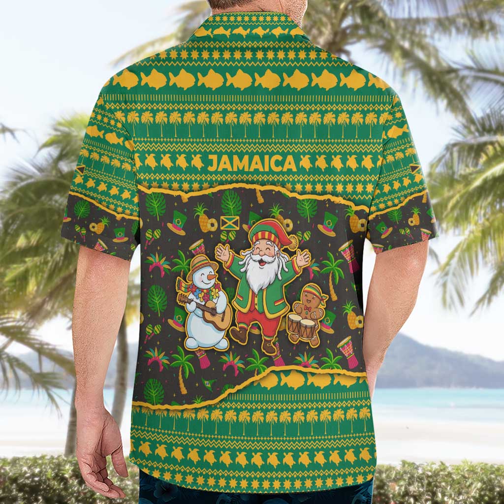 Jamaica Christmas Hawaiian Shirt with Rasta Santa Snowman Gingerbread Drummer Palm Trees and Green Yellow Knit Pattern Design - Wonder Print Shop