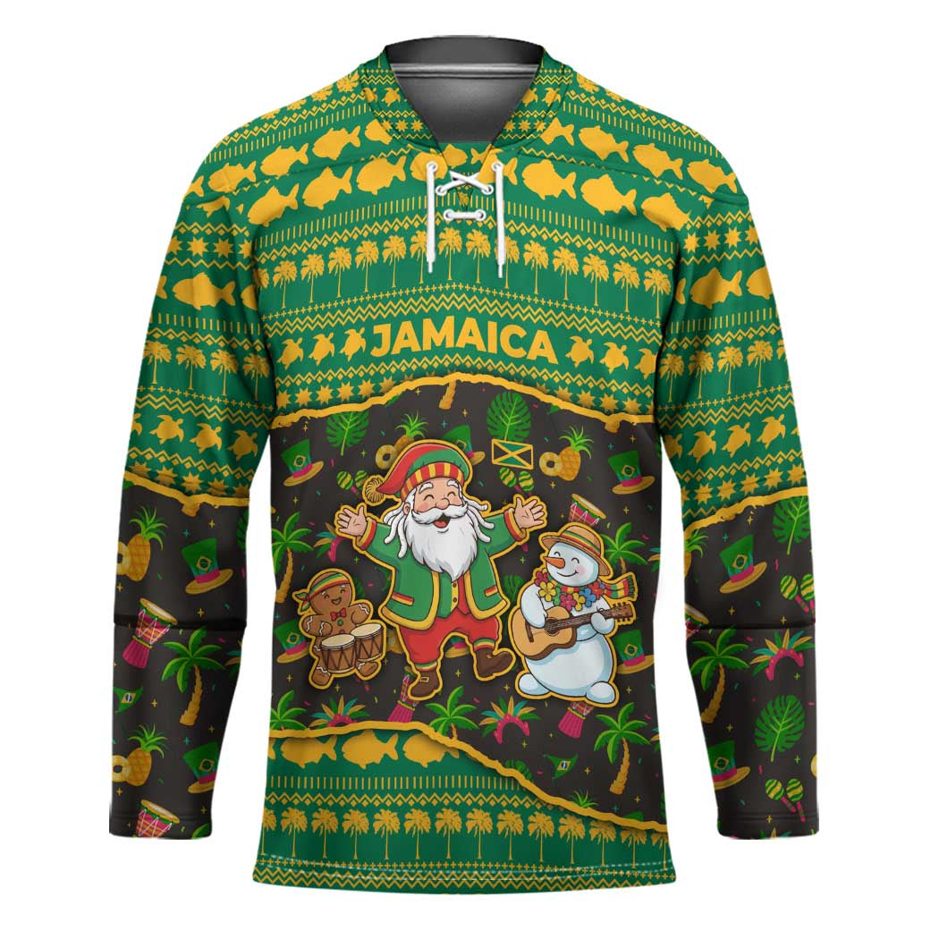 Jamaica Christmas Hockey Jersey with Rasta Santa Snowman Gingerbread Drummer Palm Trees and Green Yellow Knit Pattern Design - Wonder Print Shop