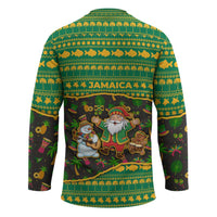 Jamaica Christmas Hockey Jersey with Rasta Santa Snowman Gingerbread Drummer Palm Trees and Green Yellow Knit Pattern Design - Wonder Print Shop