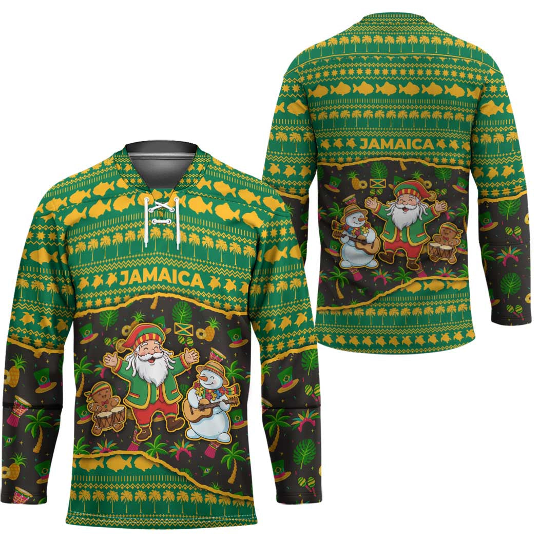 Jamaica Christmas Hockey Jersey with Rasta Santa Snowman Gingerbread Drummer Palm Trees and Green Yellow Knit Pattern Design - Wonder Print Shop