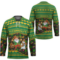 Jamaica Christmas Hockey Jersey with Rasta Santa Snowman Gingerbread Drummer Palm Trees and Green Yellow Knit Pattern Design - Wonder Print Shop