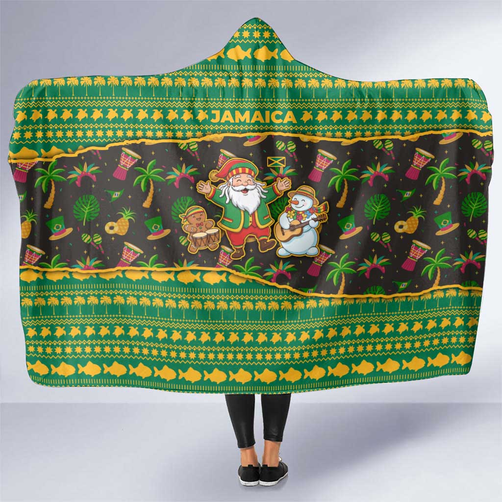 Jamaica Christmas Hooded Blanket with Rasta Santa Snowman Gingerbread Drummer Palm Trees and Green Yellow Knit Pattern Design - Wonder Print Shop