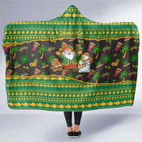 Jamaica Christmas Hooded Blanket with Rasta Santa Snowman Gingerbread Drummer Palm Trees and Green Yellow Knit Pattern Design - Wonder Print Shop