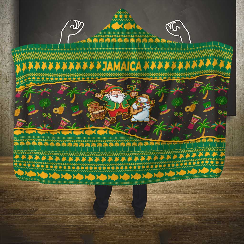 Jamaica Christmas Hooded Blanket with Rasta Santa Snowman Gingerbread Drummer Palm Trees and Green Yellow Knit Pattern Design - Wonder Print Shop