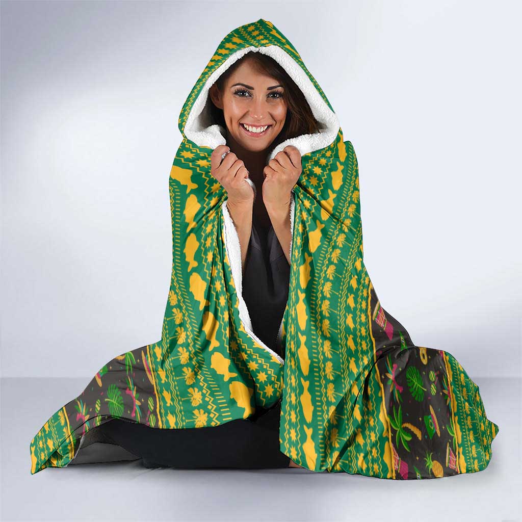 Jamaica Christmas Hooded Blanket with Rasta Santa Snowman Gingerbread Drummer Palm Trees and Green Yellow Knit Pattern Design - Wonder Print Shop