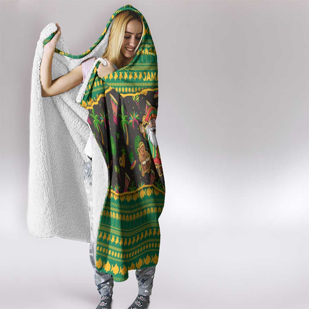 Jamaica Christmas Hooded Blanket with Rasta Santa Snowman Gingerbread Drummer Palm Trees and Green Yellow Knit Pattern Design - Wonder Print Shop