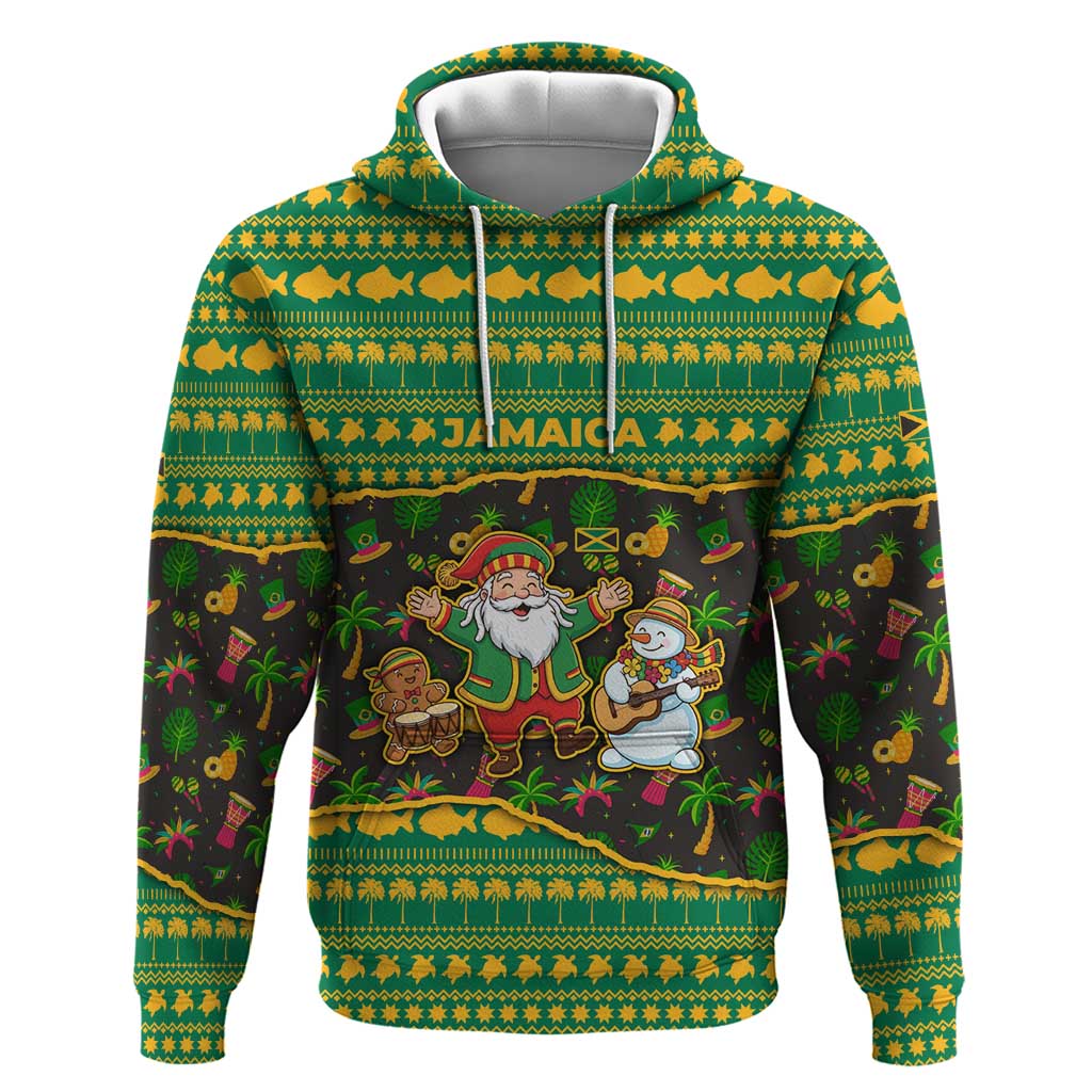 Jamaica Christmas Hoodie with Rasta Santa Snowman Gingerbread Drummer Palm Trees and Green Yellow Knit Pattern Design - Wonder Print Shop