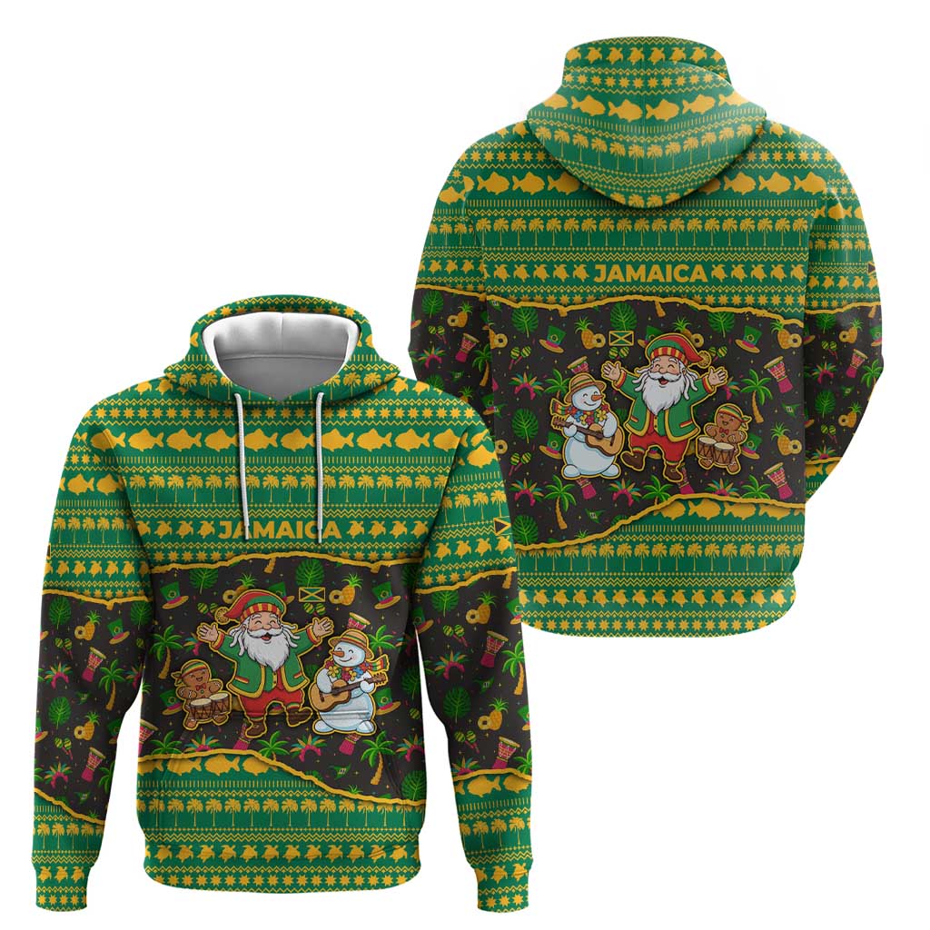 Jamaica Christmas Hoodie with Rasta Santa Snowman Gingerbread Drummer Palm Trees and Green Yellow Knit Pattern Design - Wonder Print Shop