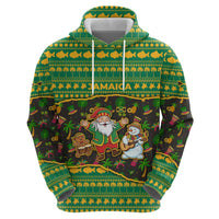 Jamaica Christmas Hoodie with Rasta Santa Snowman Gingerbread Drummer Palm Trees and Green Yellow Knit Pattern Design - Wonder Print Shop